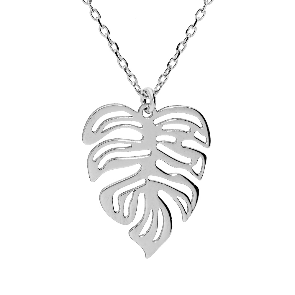 Collier en argent rhodi� cha�ne avec pendentif feuille ajour�e 40+5cm - Vue 1