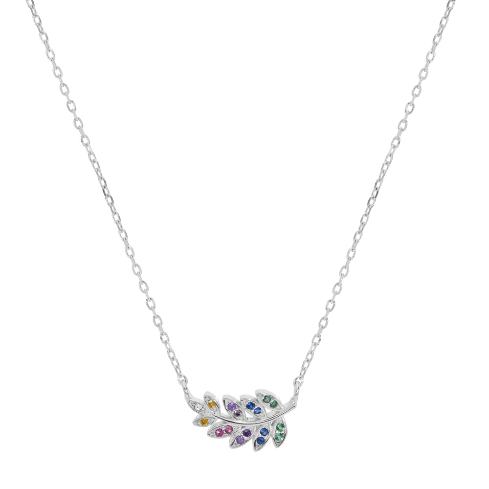 Collier en argent rhodi chane avec pendentif feuille avec oxydes multicouleurs 42+3cm - Vue 1