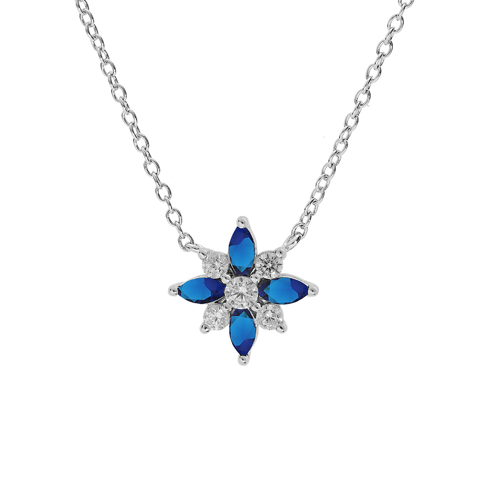 Collier en argent rhodi� cha�ne avec pendentif fleur avec oxydes blancs et bleus sertis 42+3cm - Vue 1