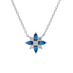 Collier en argent rhodi chane avec pendentif fleur avec oxydes blancs et bleus sertis 42+3cm - Vue 1
