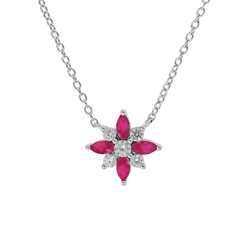 Collier en argent rhodi� cha�ne avec pendentif fleur avec oxydes blancs et fushia sertis 42+3cm - Vue 1