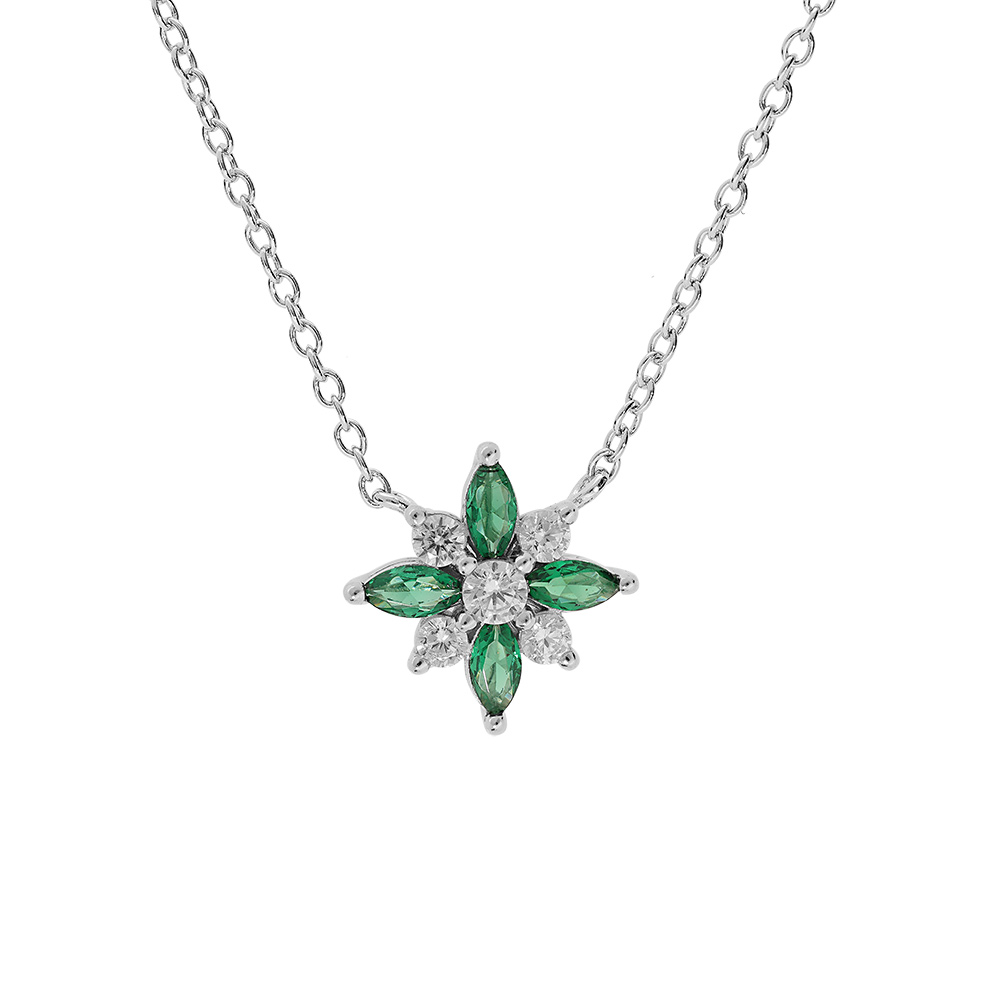 Collier en argent rhodi� cha�ne avec pendentif fleur avec oxydes blancs et vert sertis 42+3cm - Vue 1