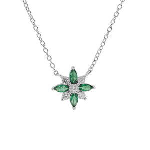 Collier en argent rhodi chane avec pendentif fleur avec oxydes blancs et vert sertis 42+3cm - Vue 1
