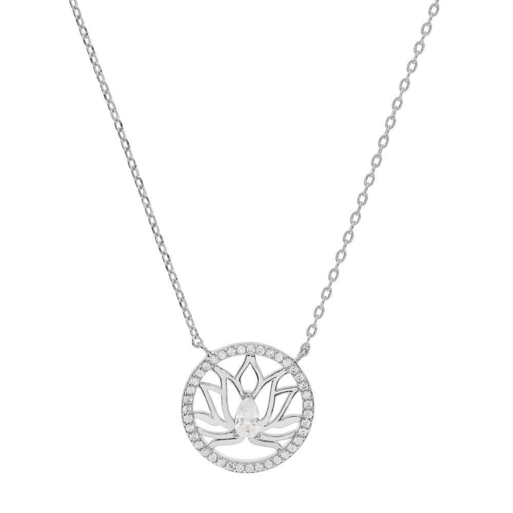Collier en argent rhodi� cha�ne avec pendentif fleur de lotus contour cercle oxydes blancs sertis 39+4cm - Vue 1