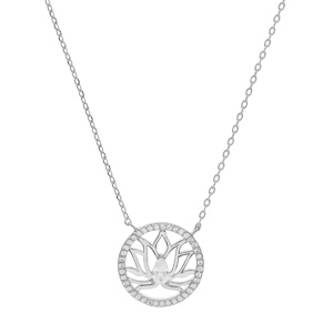 Collier en argent rhodi chane avec pendentif fleur de lotus contour cercle oxydes blancs sertis 39+4cm - Vue 1