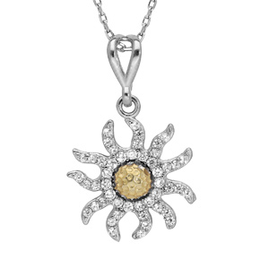 Collier en argent rhodi chane avec pendentif fleur de soleil orn d\'oxydes blancs et d\'un gros oxyde jaune  longueur 42+3cm - Vue 1