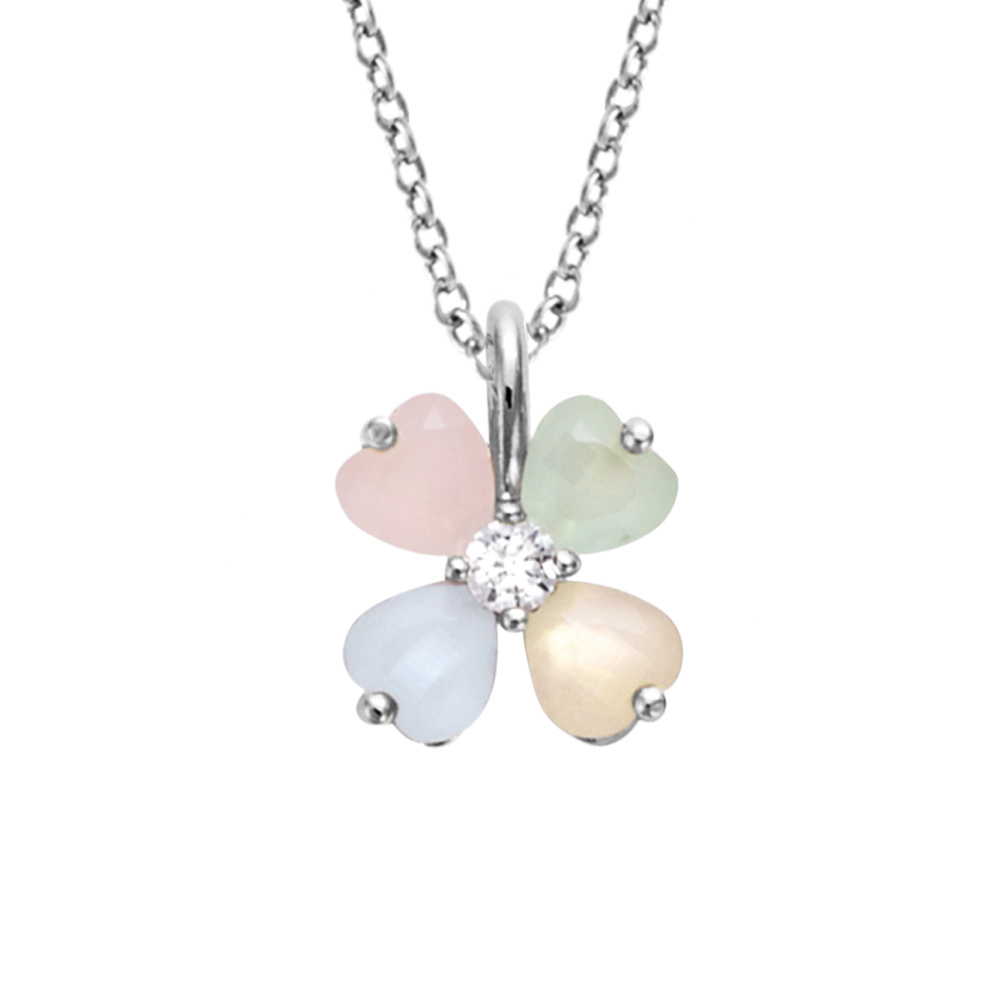 Collier en argent rhodi� cha�ne avec pendentif fleur en verre opaque pastel 40+4cm - Vue 1