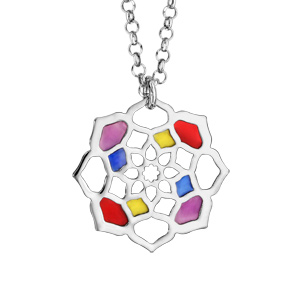 Collier en argent rhodié chaîne avec pendentif fleur multicolore et ajourée - longueur 42cm + 3cm de rallonge - Vue 1