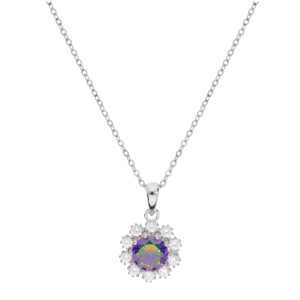 Collier en argent rhodi chane avec pendentif fleur oxyde arc en ciel mystique et contour oxydes blancs sertis 42+3cm - Vue 1