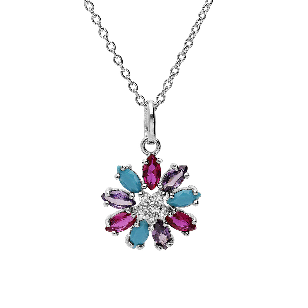 Collier en argent rhodi� cha�ne avec pendentif fleur oxydes multi couleurs 42+3cm - Vue 1