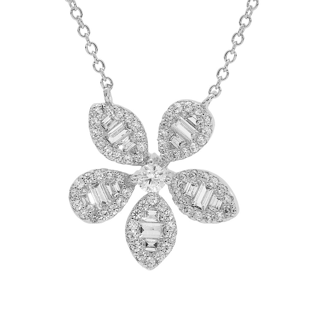 Collier en argent rhodi� cha�ne avec pendentif fleur stylis�e avec oxydes blancs sertis 42+3cm - Vue 1
