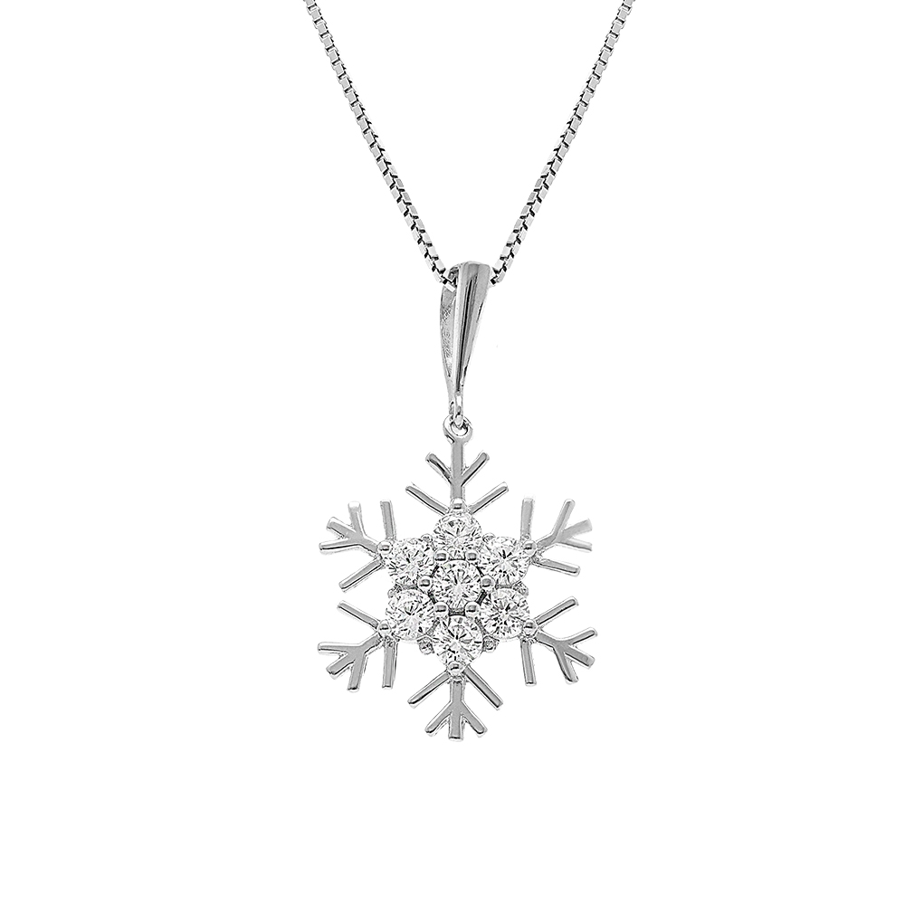 Collier en argent rhodi� cha�ne avec pendentif flocon de neige avec coeur orn� d\'oxydes blancs sertis - longueur 42cm + 3cm de rallonge - Vue 1