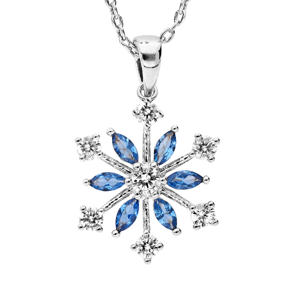 Collier en argent rhodi� cha�ne avec pendentif flocon de neige oxydes blancs sertis et navettes bleues 40+5cm - Vue 1