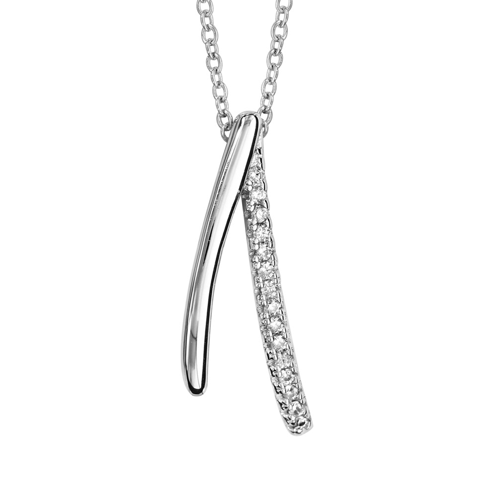 Collier en argent rhodi� cha�ne avec pendentif forme circonflexe avec 1 moiti� lisse et 1 moiti� orn�e d\'oxydes blancs sertis - longueur 40cm + 4cm de rallonge - Vue 1