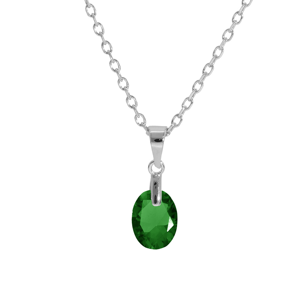 Collier en argent rhodi� cha�ne avec pendentif forme de goutte avec oxyde vert fonc� facet� 40+5cm - Vue 1