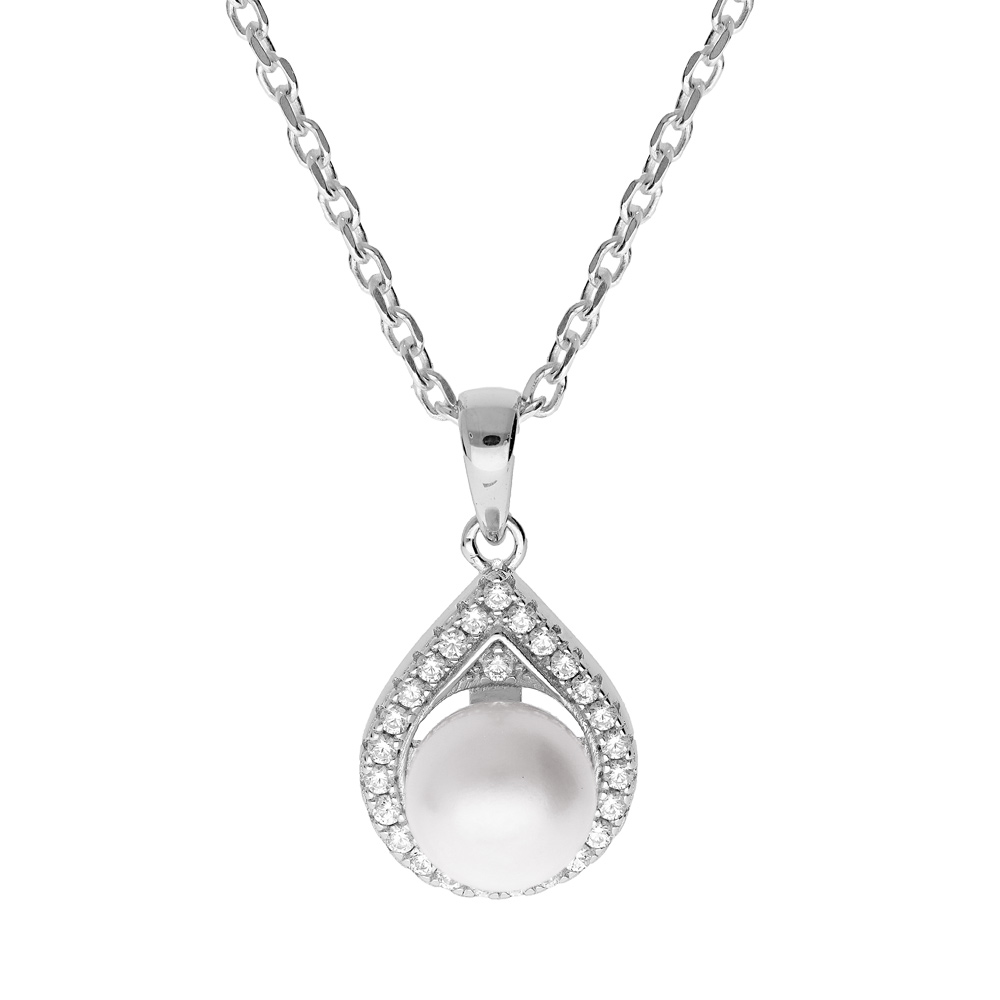 Collier en argent rhodi� cha�ne avec pendentif forme de goutte Perle de culture d\'eau douce blanche 8mm et contour oxydes blancs sertis 42+3cm - Vue 1