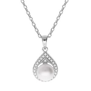 Collier en argent rhodi chane avec pendentif forme de goutte Perle de culture d\'eau douce blanche 8mm et contour oxydes blancs sertis 42+3cm - Vue 1