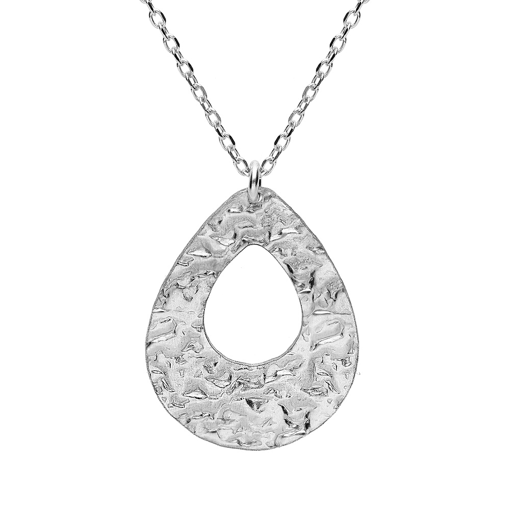 Collier en argent rhodi� cha�ne avec pendentif forme goutte martel�e 40+5cm - Vue 1