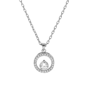 Collier en argent rhodié chaîne avec pendentif forme rondelle pavée d\'oxydes blancs sertis et 1 oxyde blanc serti 40+5cm - Vue 1