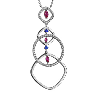 Collier en argent rhodi chane avec pendentif formes gomtriques et pierre rose et bleue - longueur 42+3cm - Vue 1