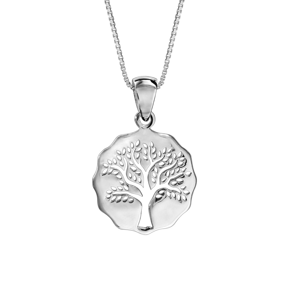 Collier en argent rhodi� cha�ne avec pendentif galet d�coup� arbre de vie ajour� 42cm + 3cm - Vue 1