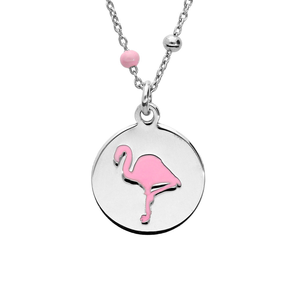 Collier en argent rhodi� cha�ne avec pendentif galet motif flamant rose 39+3cm - Vue 1