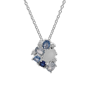 Collier en argent rhodi chane avec pendentif gomtrie oxydes bleus et blanc 42+3cm - Vue 1