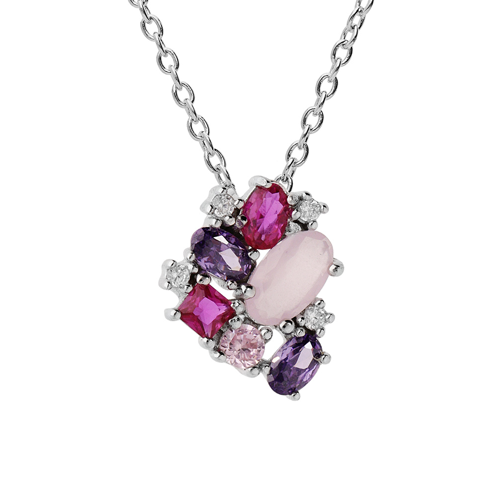 Collier en argent rhodi� cha�ne avec pendentif g�om�trie oxydes roses et violets 42+3cm - Vue 1