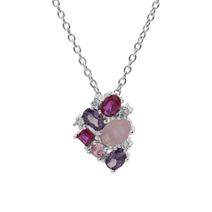 Collier en argent rhodi chane avec pendentif gomtrie oxydes roses et violets 42+3cm - Vue 1