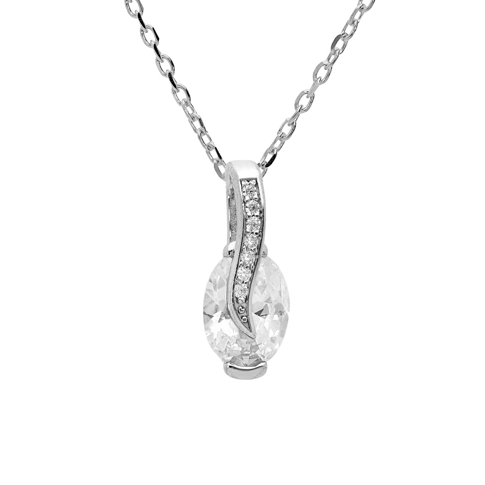 Collier en argent rhodi� cha�ne avec pendentif goutte d\'oxyde blanc et drap� avec oxydes blancs sertis 42+3cm - Vue 1