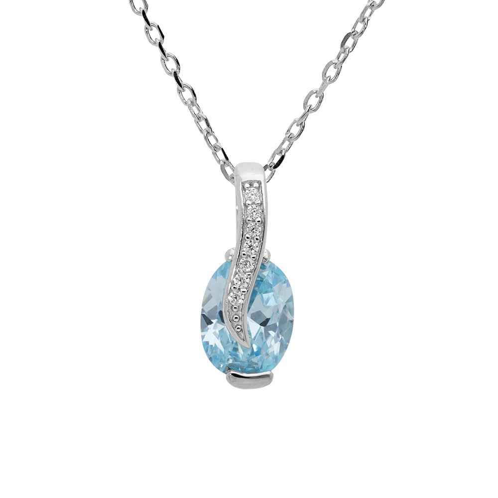 Collier en argent rhodi� cha�ne avec pendentif goutte d\'oxyde bleu ciel et drap� avec oxydes blancs sertis 42+3cm - Vue 1