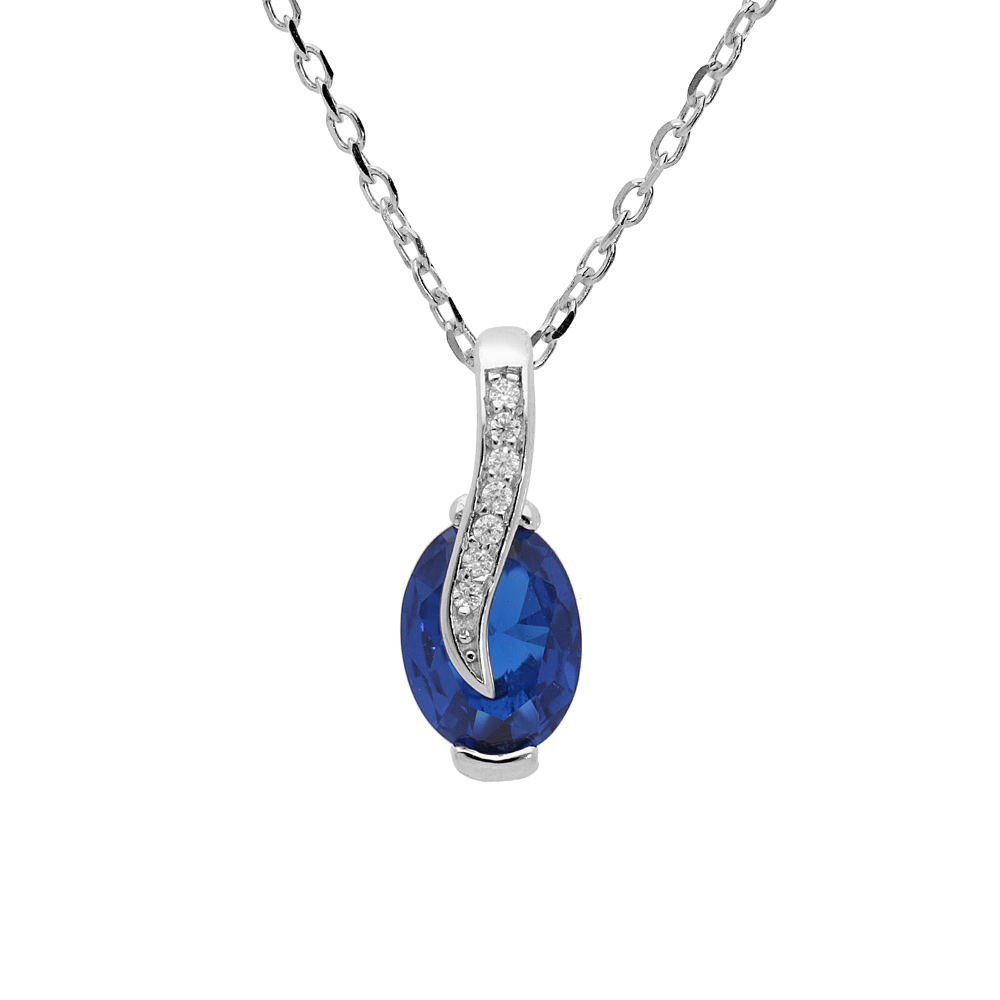 Collier en argent rhodi� cha�ne avec pendentif goutte d\'oxyde bleu fonc� et drap� avec oxydes blancs sertis 42+3cm - Vue 1
