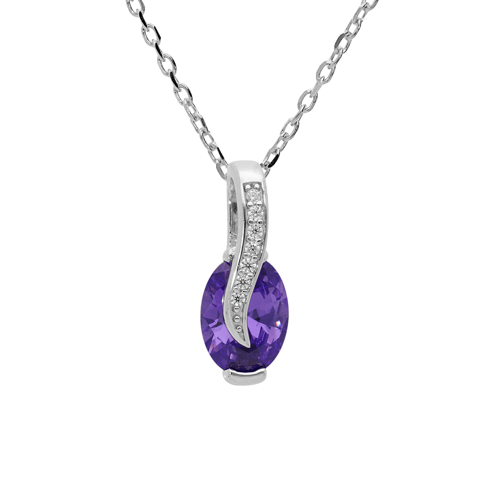 Collier en argent rhodi� cha�ne avec pendentif goutte d\'oxyde violet et drap� avec oxydes blancs sertis 42+3cm - Vue 1