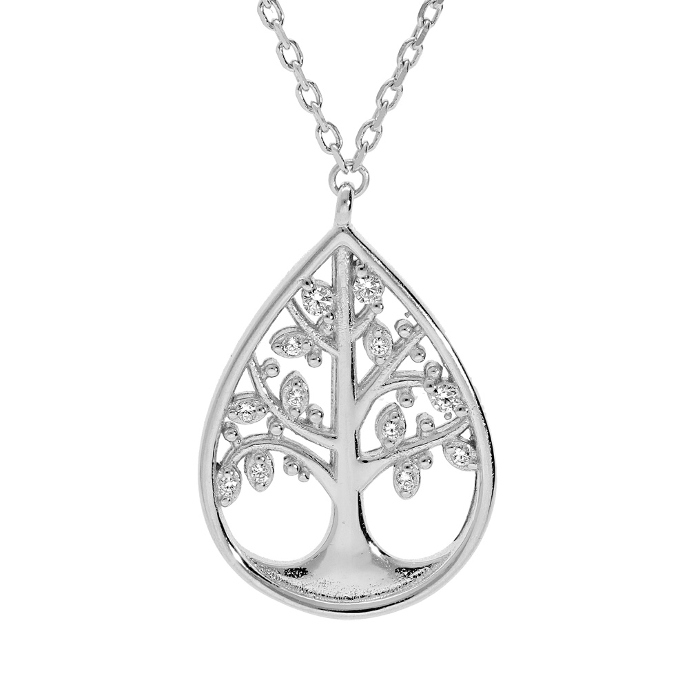 Collier en argent rhodi� cha�ne avec pendentif goutte motif arbre de vie oxydes blancs sertis 40+3,5cm - Vue 1