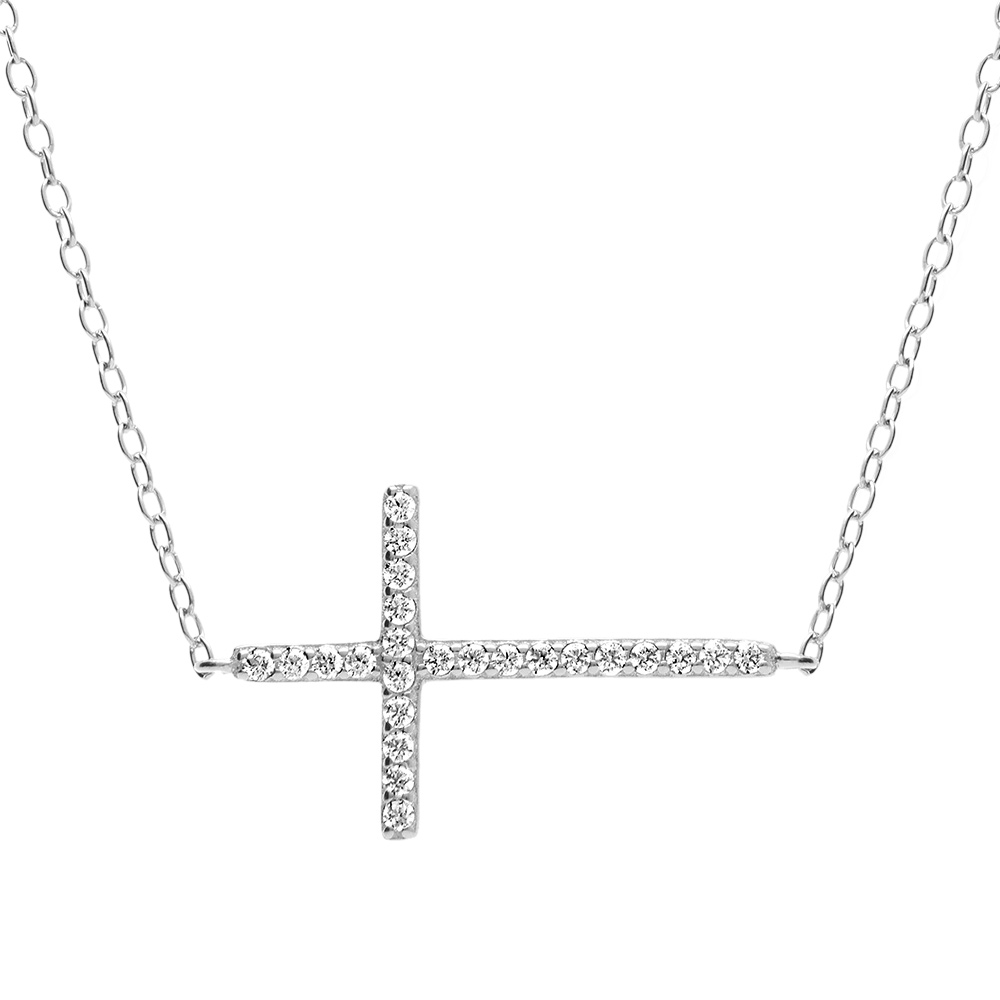 Collier en argent rhodi� cha�ne avec pendentif 1 grande croix chr�tienne orn�e d\'oxydes blancs sertis - longueur 43cm + 2cm de rallonge - Vue 1