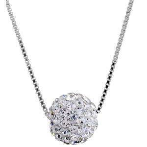 Collier en argent rhodi chane avec pendentif grosse boule en rsine et strass blancs - longueur 38cm + 5cm de rallonge - Vue 1