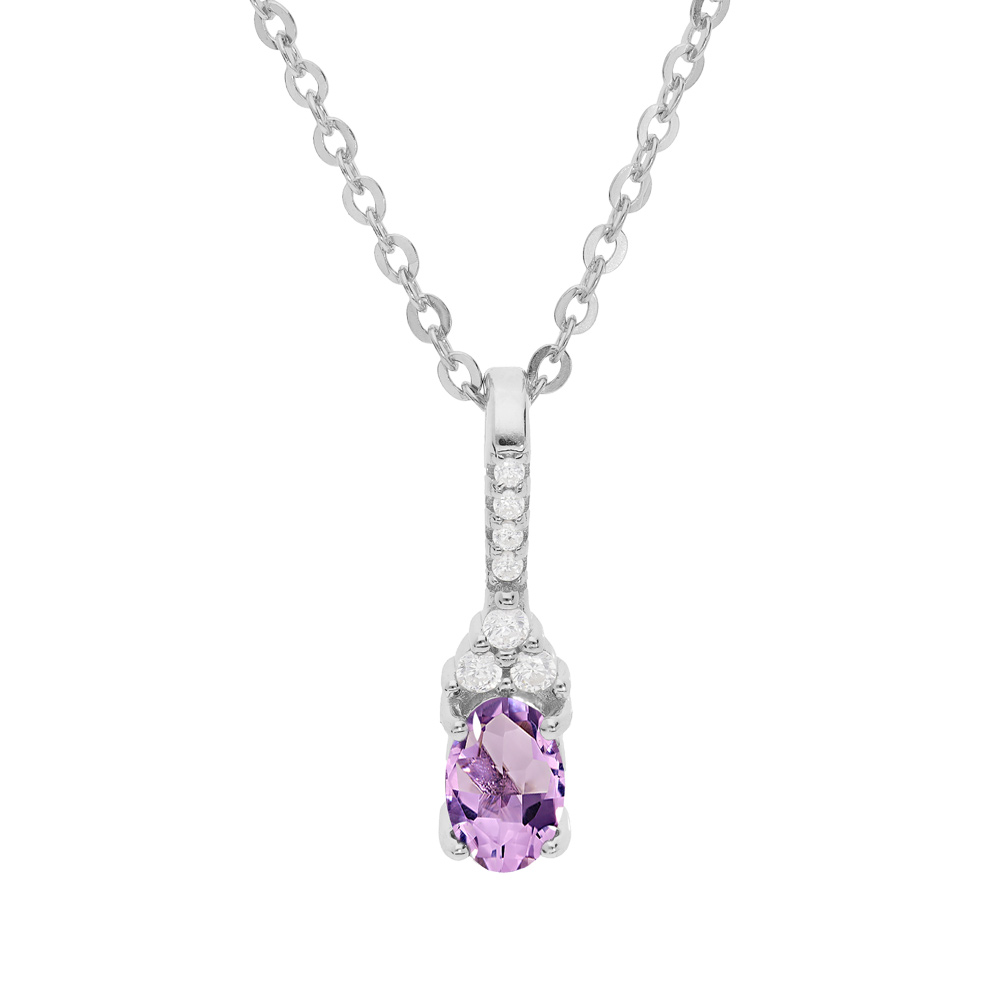 Collier en argent rhodi� cha�ne avec pendentif infini avec barrette et Amethyste v�ritable et oxydes blancs sertis 40+5cm - Vue 1