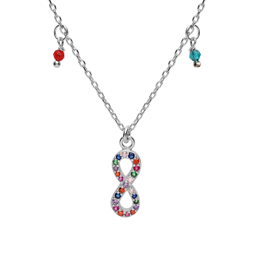 Collier en argent rhodi� cha�ne avec pendentif infini empierr�s et pampilles boules multi couleurs et 40+5cm - Vue 1