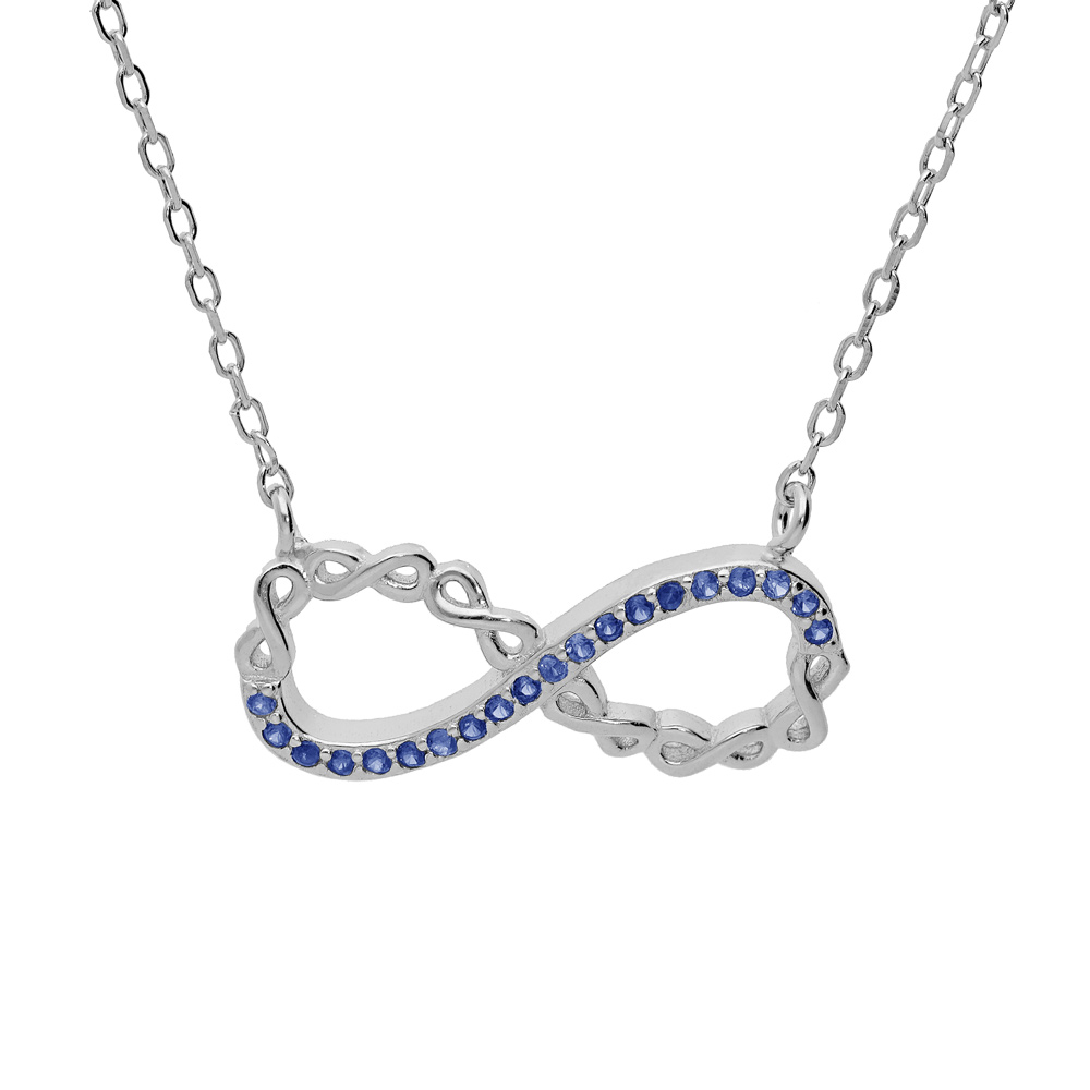 Collier en argent rhodi� cha�ne avec pendentif infini et oxydes bleus 44cm r�glable 42 et 40 - Vue 1