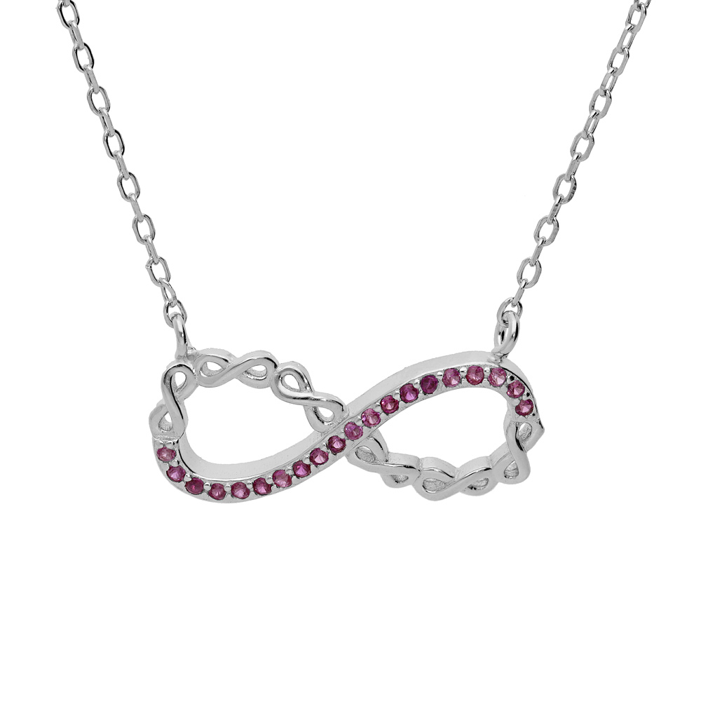 Collier en argent rhodi� cha�ne avec pendentif infini et oxydes roses 44cm r�glable 42 et 40 - Vue 1