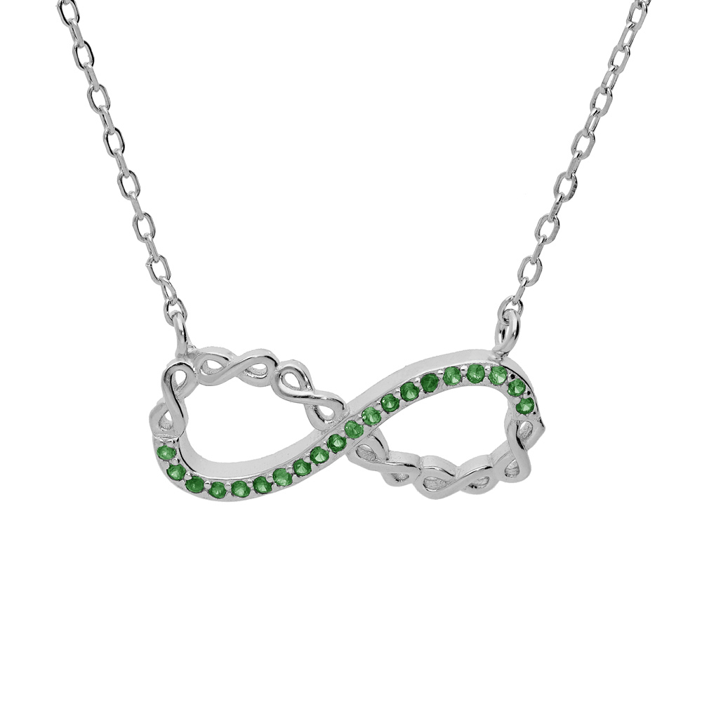 Collier en argent rhodi� cha�ne avec pendentif infini et oxydes verts 44cm r�glable 42 et 40 - Vue 1