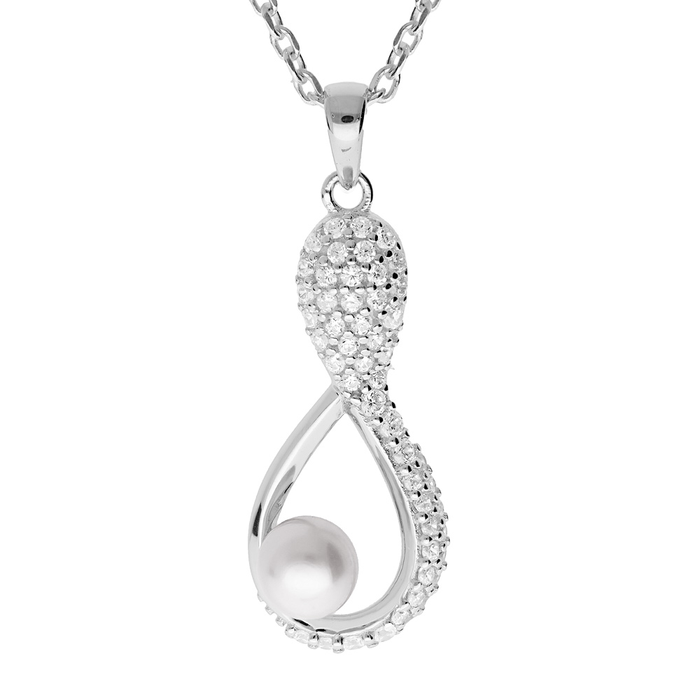 Collier en argent rhodi� cha�ne avec pendentif infini Perle de culture d\'eau douce blanche mm et oxydes blancs sertis 42+3cm - Vue 1