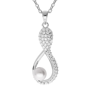 Collier en argent rhodi chane avec pendentif infini Perle de culture d\'eau douce blanche mm et oxydes blancs sertis 42+3cm - Vue 1