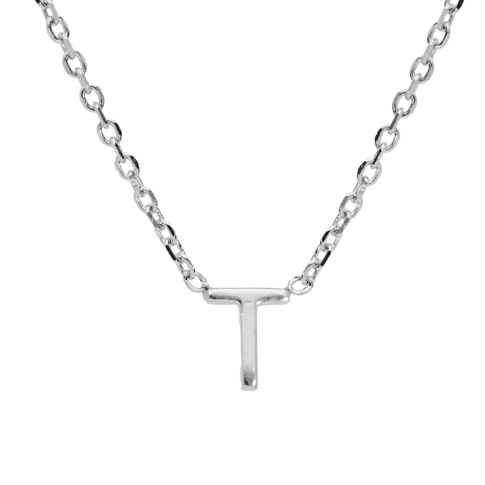 Collier en argent rhodi� cha�ne avec pendentif initiale T 5mm - 38+5cm - Vue 1
