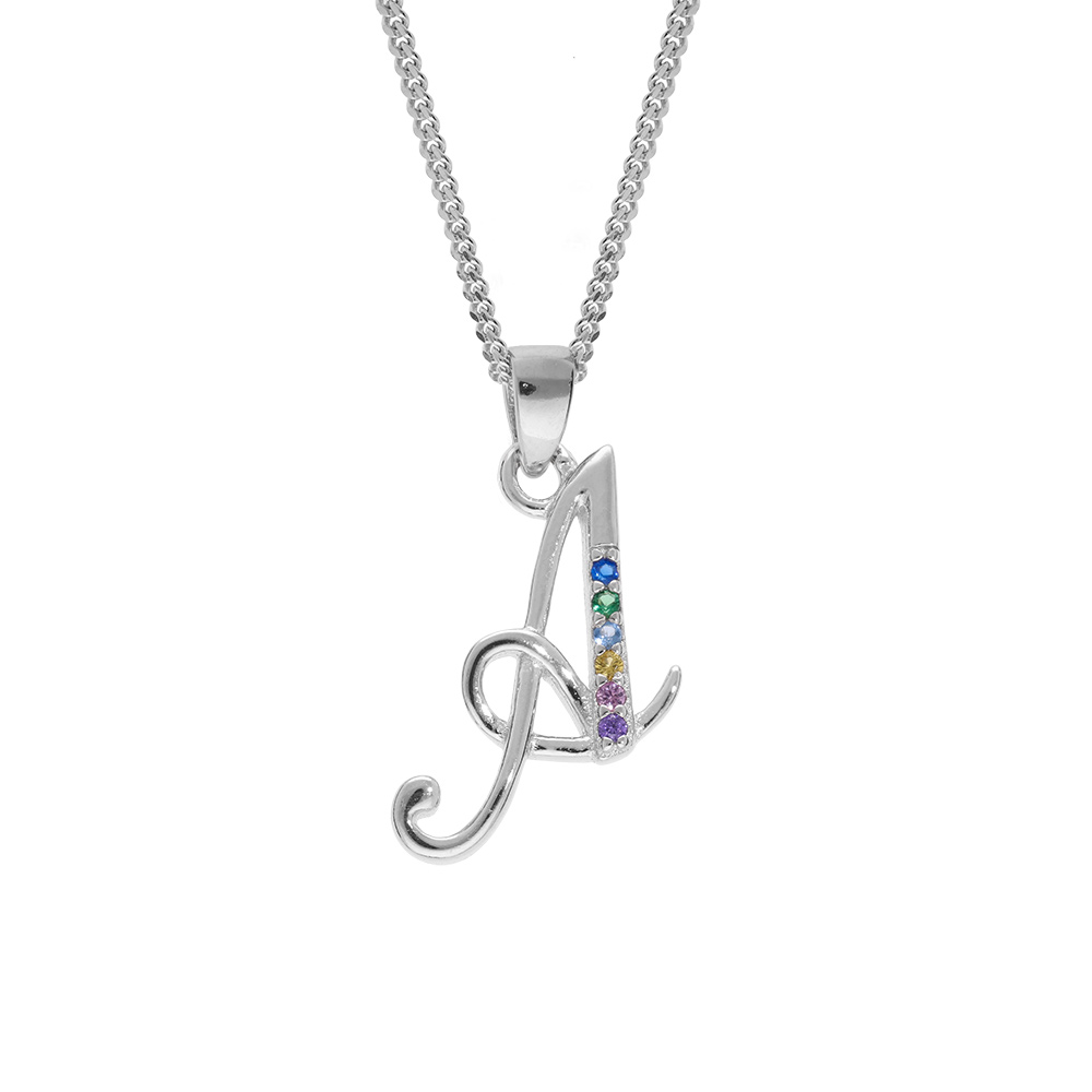 Collier en argent rhodi� cha�ne avec pendentif initiale A et oxydes multi couleurs sertis 42+3cm - Vue 1