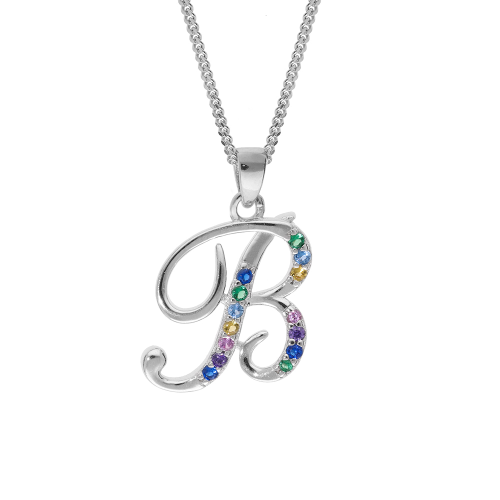 Collier en argent rhodi� cha�ne avec pendentif initiale B et oxydes multi couleurs sertis 42+3cm - Vue 1