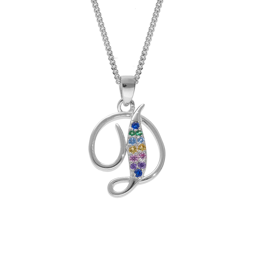 Collier en argent rhodi� cha�ne avec pendentif initiale D et oxydes multi couleurs sertis 42+3cm - Vue 1