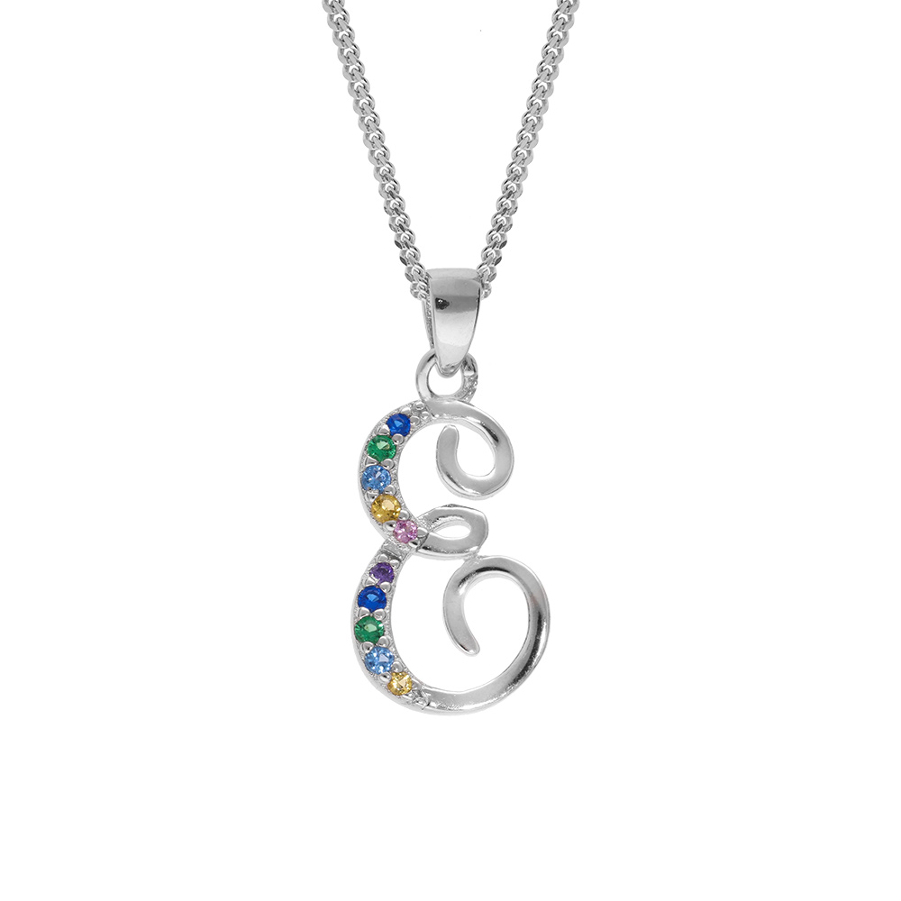 Collier en argent rhodi� cha�ne avec pendentif initiale E et oxydes multi couleurs sertis 42+3cm - Vue 1