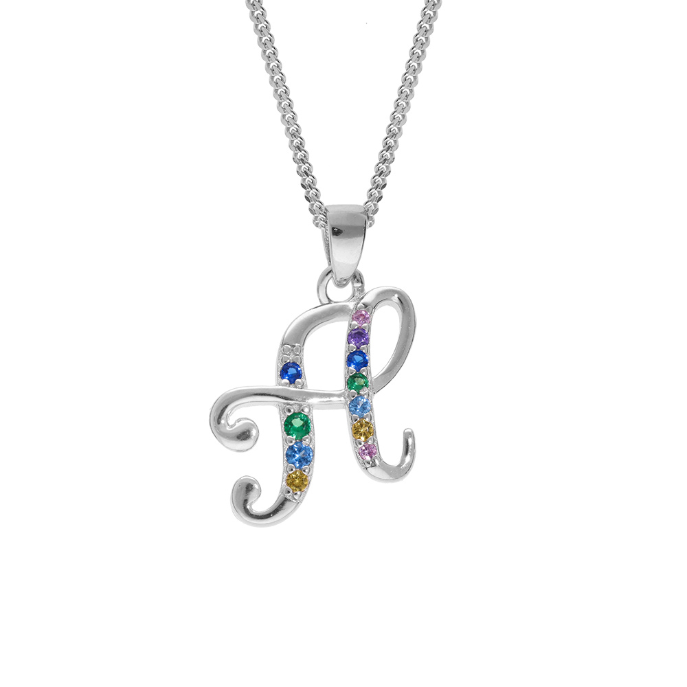 Collier en argent rhodi� cha�ne avec pendentif initiale H et oxydes multi couleurs sertis 42+3cm - Vue 1
