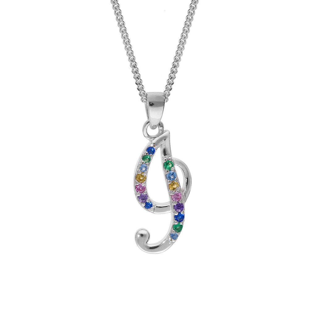Collier en argent rhodi� cha�ne avec pendentif initiale I et oxydes multi couleurs sertis 42+3cm - Vue 1